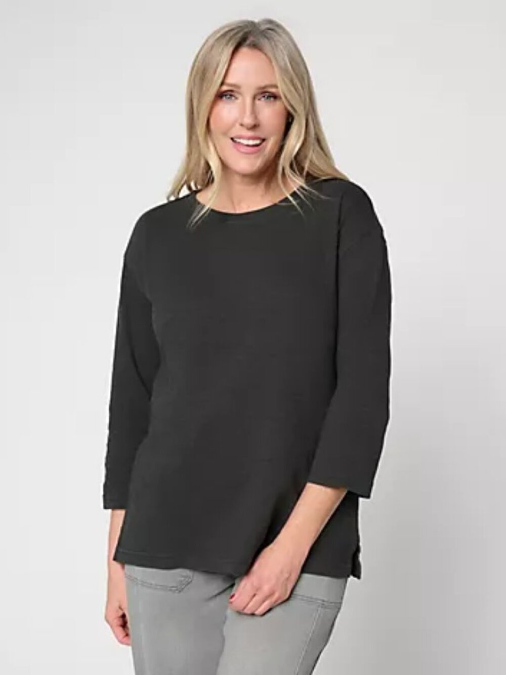 LOGO Principles by Lori Goldstein 3/4-Sleeve Top w/ Side Slits, Blk Sz 2X a72150